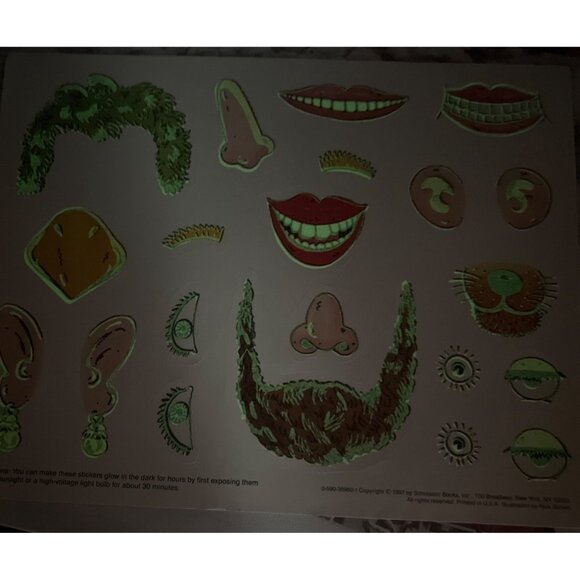 Vintage 1987 Scholastic Glow In The Dark Face Parts Stickers 11" x 8.5" Unused - Picture 4 of 4